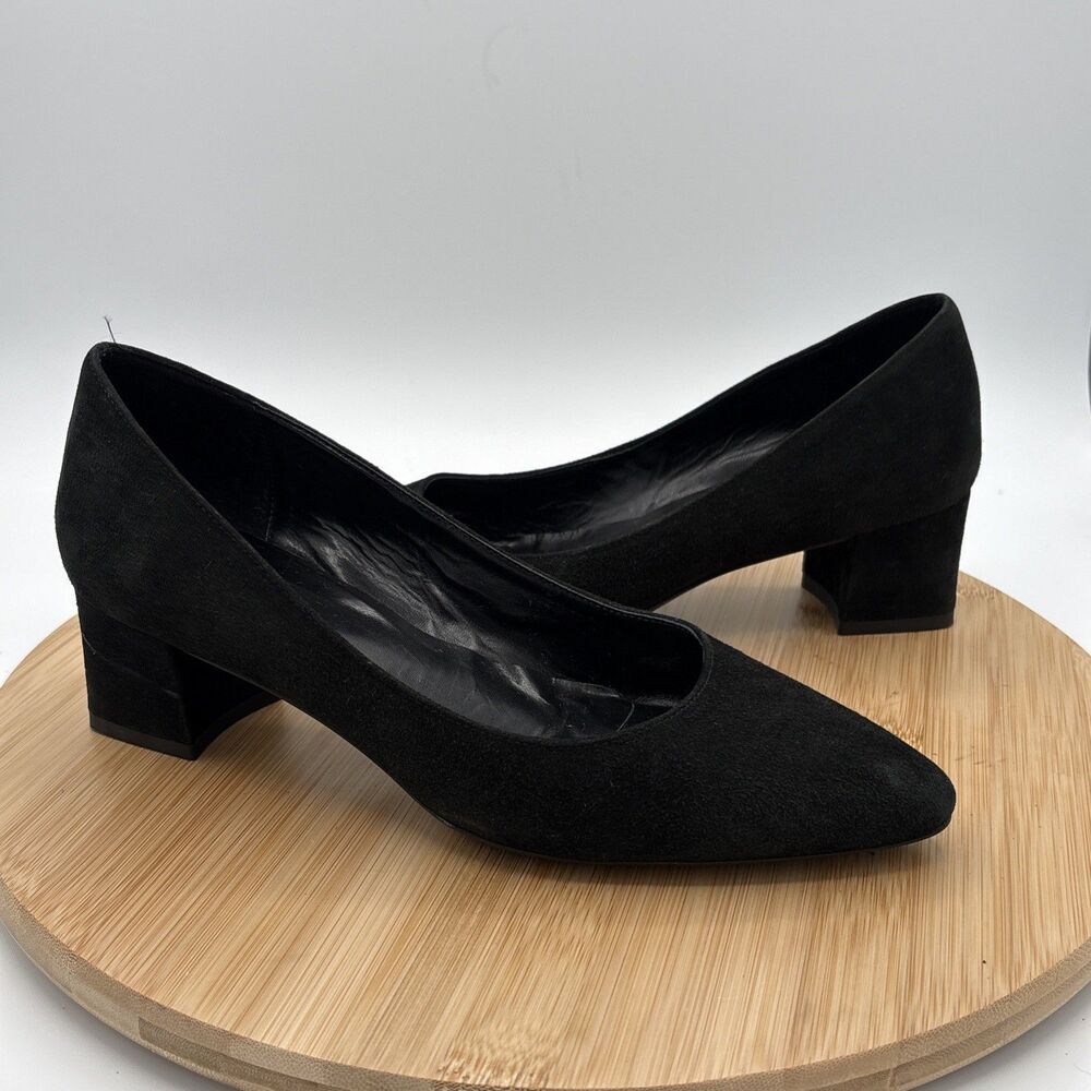Aquatalia Italy Black Suede Block Heel Pointed Toe Pumps Womens Size 7 Classic